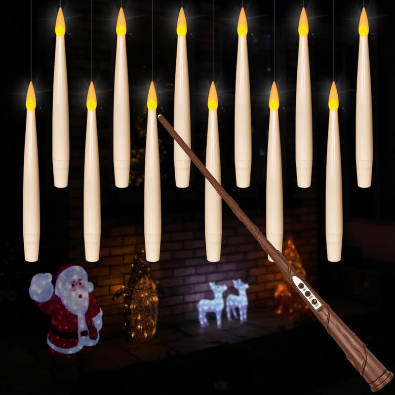 Leejec Floating Candles with Magic Wand Remote(6/18H Timer), 12pcs 6.1" Hanging Flameless Taper Candles, Battery Operated Flickering Warm Light, Halloween Christmas Gift, Wedding Party Decor (Ivory) - Image 1